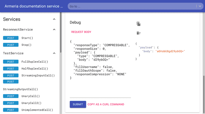 Armeria DocService에서 gRPC 메서드를 선택하고 JSON 요청을 보내 응답을 확인하는 화면